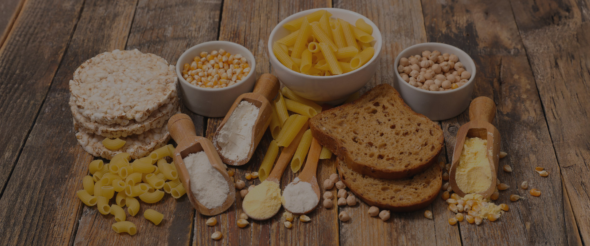 Assortment of grains, bread, pasta and flour